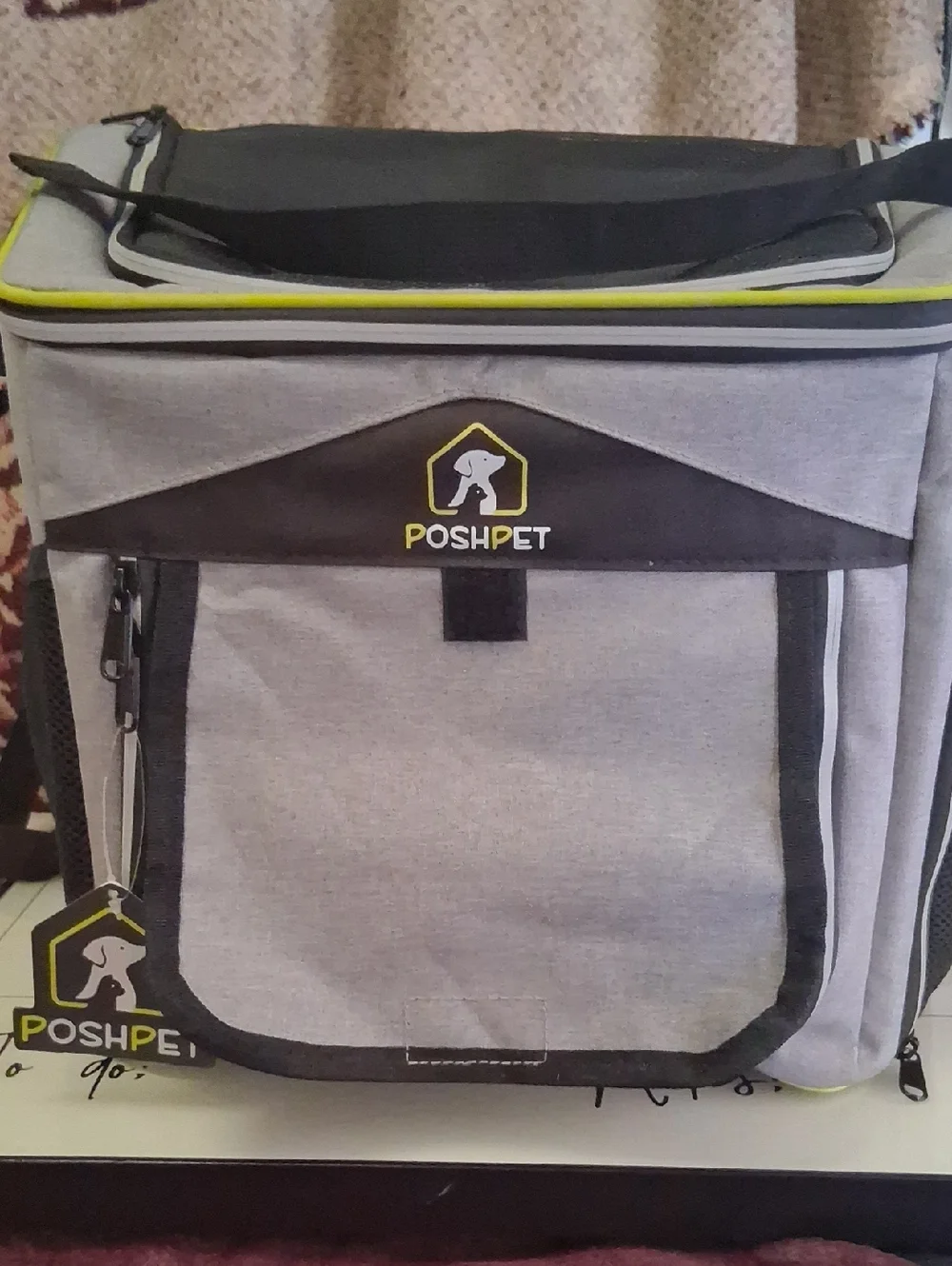 Gray & Black Pet Carrier Bag with Lime Trim